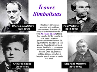Ícones  Simbolistas Baudelaire começou a escrever sob os ideais parnasianos. Sua evolução rumo ao Simbolismo deu-se no livro  As Flores do Mal  (18 57).  Seu trabalho foi tão importante que todos os poetas posteriores declararam-se de alguma forma devedores à sua poesia. Baudelaire inventou a poesia da cidade, com massas anônimas, prazeres proibidos, miséria. Entre seus temas estão a beleza, a mulher, a boemia, a embriaguez, a morte e o tédio.  Stéphane Mallarmé (1842-1898) Charles Baudelaire  (1821-1867) Paul Verlaine  (1844-1896) Arthur Rimbaud  (1854-1891) 