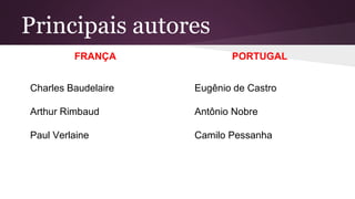 Principais autores
FRANÇA
Charles Baudelaire
Arthur Rimbaud
Paul Verlaine
PORTUGAL
Eugênio de Castro
Antônio Nobre
Camilo Pessanha
 