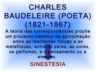 CHARLES
BAUDELEIRE (POETA)
(1821-1867)
A teoria das correspondências propõe
um processo cósmico de aproximação
entre as realidades físicas e as
metafísicas, entre os seres, as cores,
os perfumes, e o pensamento ou a
emoção.
SINESTESIA
 