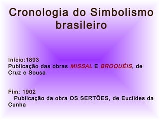          
Cronologia do Simbolismo
brasileiro
Início:1893
Publicação das obras MISSAL E BROQUÉIS, de
Cruz e Sousa
     
Fim: 1902
   Publicação da obra OS SERTÕES, de Euclides da
Cunha
 