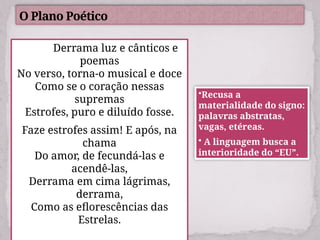 O Plano Poético
Derrama luz e cânticos e
poemas
No verso, torna-o musical e doce
Como se o coração nessas
supremas
Estrofes, puro e diluído fosse.
Faze estrofes assim! E após, na
chama
Do amor, de fecundá-las e
acendê-las,
Derrama em cima lágrimas,
derrama,
Como as eflorescências das
Estrelas.
•Recusa a
materialidade do signo:
palavras abstratas,
vagas, etéreas.
• A linguagem busca a
interioridade do “EU”.
 