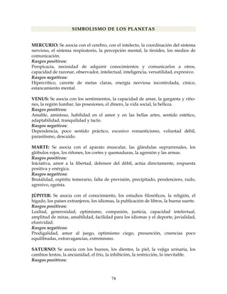 74
SIMBOLISMO DE LOS PLANETAS
MERCURIO: Se asocia con el cerebro, con el intelecto, la coordinación del sistema
nervioso, el sistema respiratorio, la percepción mental, la tiroides, los medios de
comunicación.
Rasgos positivos:
Perspicacia, necesidad de adquirir conocimientos y comunicarlos a otros,
capacidad de razonar, observador, intelectual, inteligencia, versatilidad, expresivo.
Rasgos negativos:
Hipercrítico, carente de metas claras, energía nerviosa incontrolada, cínico,
estancamiento mental.
VENUS: Se asocia con los sentimientos, la capacidad de amar, la garganta y riño-
nes, la región lumbar, las posesiones, el dinero, la vida social, la belleza.
Rasgos positivos:
Amable, amistoso, habilidad en el amor y en las bellas artes, sentido estético,
adaptabilidad, tranquilidad y tacto.
Rasgos negativos:
Dependencia, poco sentido práctico, excesivo romanticismo, voluntad débil,
parasitismo, descuido.
MARTE: Se asocia con el aparato muscular, las glándulas suprarrenales, los
glóbulos rojos, los riñones, los cortes y quemaduras, la agresión y las armas.
Rasgos positivos:
Iniciativa, amor a la libertad, defensor del débil, actúa directamente, respuesta
positiva y enérgica.
Rasgos negativos:
Brutalidad, espíritu temerario, falta de previsión, precipitado, pendenciero, rudo,
agresivo, egoísta.
JÚPITER: Se asocia con el conocimiento, los estudios filosóficos, la religión, el
hígado, los países extranjeros, los idiomas, la publicación de libros, la buena suerte.
Rasgos positivos:
Lealtad, generosidad, optimismo, compasión, justicia, capacidad intelectual,
amplitud de miras, amabilidad, facilidad para los idiomas y el deporte, jovialidad,
efusividad.
Rasgos negativos:
Prodigalidad, amor al juego, optimismo ciego, presunción, creencias poco
equilibradas, extravagancias, extremismo.
SATURNO: Se asocia con los huesos, los dientes, la piel, la vejiga urinaria, los
cambios lentos, la ancianidad, el frío, la inhibición, la restricción, lo inevitable.
Rasgos positivos:
 