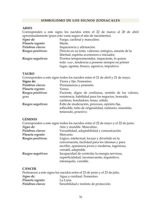 76
SIMBOLISMO DE LOS SIGNOS ZODIACALES
ARIES
Corresponden a este signo los nacidos entre el 22 de marzo al 20 de abril
aproximadamente (pues esto varía según el año de nacimiento).
Signo de: Fuego, cardinal y masculino.
Planeta regente: Marte.
Palabras claves: Impaciencia y afirmación.
Rasgos positivos: Directo en su trato, valeroso, enérgico, amante de la
libertad, espíritu aventurero e iniciador.
Rasgos negativos: Prontos temperamentales, impaciente, lo quiere
todo «ya», tendencia a ponerse siempre en primer
lugar, egoísta, brusco, agresivo, impulsivo.
TAURO
Corresponden a este signo todos los nacidos entre el 21 de abril y 21 de mayo.
Signo de: Tierra y fijo. Femenino.
Palabras claves: Permanencia y posesión.
Planeta regente: Venus.
Rasgos positivos: Paciente, digno de confianza, sentido de los valores,
gran resistencia, habilidad para los negocios, honrado,
cariñoso, bondadoso, tenaz, sólido.
Rasgos negativos: Falto de moderación, perezoso, opinión fija,
inflexible, falto de originalidad, rutinario, resentido,
testarudo, posesivo.
GÉMINIS
Corresponden a este signo todos los nacidos entre el 22 de mayo y el 22 de junio.
Signo de: Aire y mutable. Masculino.
Palabras claves: Versatilidad, adaptabilidad y comunicación.
Planeta regente: Mercurio.
Rasgos positivos: Lógico, intelectual, locuaz y divertido en la
conversación, facilidad para los idiomas y para
escribir, apariencia joven y moderna, ingenioso,
versátil, adaptable.
Rasgos negativos: Incapacidad de controlar la energía nerviosa,
superficialidad, inconsecuente, inquisitivo,
intranquilo, variable.
CÁNCER
Pertenecen a este signo los nacidos entre el 23 de junio y el 23 de julio.
Signo de: Agua y cardinal. Femenino.
Planeta regente: La Luna.
Palabras claves: Sensibilidad e instinto de protección.
 