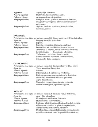 78
Signo de: Agua y fijo. Femenino.
Planeta regente: Plutón (tradicionalmente, Marte).
Palabras claves: Apasionamiento e intensidad.
Rasgos positivos: Enérgico, astuto, porfiado, sentido de finalidad,
imaginativo, perspicaz, intensos sentimientos y
emociones.
Rasgos negativos: Sigiloso, receloso, obstinado, terco, irritable,
resentido, celoso.
SAGITARIO
Pertenecen a este signo los nacidos entre el 23 de noviembre y el 22 de diciembre.
Signo de: Fuego y mutable. Masculino.
Planeta regente: Júpiter.
Palabras claves: Espíritu explorador, libertad y amplitud.
Rasgos positivos: Formalidad, escrupulosidad, franco, sincero,
amante de la libertad, visión filosófica, optimista,
flexible, jovial, buen juicio, adaptable.
Rasgos negativos: Turbulento, caprichoso, irresponsable,
irreflexivamente optimista, carente de tacto,
intranquilo, dado a exagerar.
CAPRICORNIO
Pertenecen a este signo los nacidos entre el 23 de diciembre y el 20 de enero.
Signo de: Tierra y cardinal. Femenino.
Planeta regente: Saturno.
Palabras claves: Intencionalidad, ambición y prudencia.
Rasgos positivos: Paciente, perseverante, sentido de la disciplina,
cuidadoso, ambicioso, decidido, prudente,
digno de confianza.
Rasgos negativos: Mezquino, convencional, tacaño, pesimista,
demasiado exigente, opiniones rígidas.
ACUARIO
Pertenecen a este signo los nacidos entre el 20 de enero y el 20 de febrero.
Signo de: Aire y fijo. Masculino.
Planeta regente: Urano (tradicionalmente, Saturno).
Palabras claves: Humanismo e independencia.
Rasgos positivas: Inclinado a lo intelectual, idealista, leal, fiel, espíritu
reformador, creativo, original, independiente,
complaciente, humanitario, amistoso.
Rasgos negativos: De ideas fijas, originalidad forzada, contradictorio,
rebelde, carente de tacto, imprevisible, excéntrico.
 