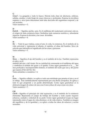 92
G
Gimel.—La garganta y todo lo hueco. Denota toda clase de aberturas, orificios,
salidas, canales, y todo linaje de cosas cóncavas y profundas. Expresa la envoltura
orgánica y sirve para determinar toda idea derivada del organismo corporal y de
sus acciones.
Valor numérico = 3.
D
Daleth. — Significa pecho, seno. Es el emblema del cuaternario universal, esto es,
el origen de toda existencia física. Simboliza toda sustancia nutritiva y abundante
riquezas. Expresa la división y las cosas divisibles.
Valor numérico = 4.
H
He. — Todo lo que vitaliza, como el aire, la vida, la existencia. Es el símbolo de la
vida universal y representa el aliento, el espíritu, el alma del hombre. Sirve de
articulo que intensifica el significado de las cosas y personas.
Valor numérico = 5
W
Waw. — Significa el ojo del hombre y es el símbolo de la luz. También representa
el oído y es el
símbolo del aire y del viento. En su cualidad de consonante es el emblema del agua
y simboliza el sentido del gusto y el apetito. Como signo gramatical es la ___ del
mas profundo e incomprensible misterio, el símbolo del nudo que une y del punto
que separa el Ser del No- Ser.
Valor aritmético o numérico = 6
Z
Zain. — Significa silbido y se aplica a todo son estridente que penetra el aire y en el
se refleja. Esta simbólicamente representada por una flecha arrojadiza. Se aplica a
todo lo que propende a un punto determinado. Como signo gramatical es la
abstracta imagen de enlace de una cosa Como enlace de unas cosas con otras.
Valor numérico = 7.
CH
Cheth.—Significa el principio de vital aspiración y es el símbolo de la existencia
elemental. Representa el campo de trabajo del hombre y todo cuanto requiere
esfuerzo, cuidado y solicitud de su parte. Como signo gramatical ocupa un lugar
intermedio entre el signo de vida absoluta y el de vida relativa. También es imagen
del equilibrio y de la igualdad, y se aplica a todas las ideas de esfuerzo y acción
normales.
 