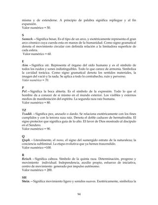 94
misma y de extenderse. A principio de palabra significa repliegue y al fin
expansión.
Valor numérico = 50.
S
Samech.—Significa besar, Es el tipo de un arco, y esotéricamente representa el gran
arco cósmico cuya cuerda esta en manos de la humanidad. Como signo gramatical
denota el movimiento circular con definida relación a la limitadora superficie de
cada esfera.
Valor numérico = 60.
E
Aim.—Significa oír. Representa el órgano del oído humano y es el símbolo de
todos los ruidos y sones indistinguibles. Todo lo que carece de armonía. Simboliza
la cavidad torácica. Como signo gramatical denota los sentidos materiales, la
imagen del vació y la nada. Se aplica a todo lo contrahecho, ruin y perverso.
Valor numérico = 70.
P
Pel.—Significa la boca abierta. Es el símbolo de la expresión. Todo lo que el
hombre da a conocer de si mismo en el mundo exterior. Los visibles y externos
medios de manifestación del espíritu. La segunda raza raíz humana.
Valor numérico = 80.
TZ
Tzaddi.—Significa pez, anzuelo o dardo. Se relaciona esotéricamente con los fines
cumplidos y con la tercera raza raíz. Denota el doble caduceo de hermafrodita. El
signo protector que significa guía de lo alto. EI favor de Dios mostrado al discípulo
en el Sendero.
Valor numérico = 90.
Q
Qoph.—Literalmente, el mono, el signo del sumergido estrato de la naturaleza; la
conciencia subliminal. La etapa evolutiva que ya hemos trascendido.
Valor numérico =100.
R
Reisch.—Significa cabeza. Símbolo de la quinta raza. Determinación, progreso y
movimiento individual. Independencia, auxilio propio, esfuerzo de iniciativa,
centro de movimiento generado por impulso autónomo.
Valor numérico = 200.
SH
Stein.—Significa movimiento ligero y sonidos suaves. Esotéricamente, simboliza la
 