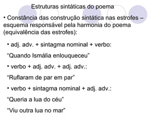 Estruturas sintáticas do poema Constância das construção sintática nas estrofes – esquema responsável pela harmonia do poema (equivalência das estrofes): adj. adv. + sintagma nominal + verbo: “ Quando Ismália enlouqueceu” verbo + adj. adv. + adj. adv.: “ Ruflaram de par em par” verbo + sintagma nominal + adj. adv.: “ Queria a lua do céu” “ Viu outra lua no mar” 
