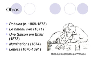 Obras Poésies  (c. 1869-1873)  Le bateau îvre  (1871)  Une Saison em Enfer  (1873)  Illuminations  (1874)  Lettres  (1870-1891)  Rimbaud desenhado por Verlaine 