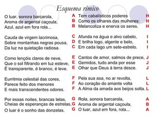 Esquema rímico O luar, sonora barcarola,  Aroma de argental caçoula,  Azul, azul em fora rola...  Cauda de virgem lacrimosa, Sobre montanhas negras pousa,  Da luz na quietação radiosa.  Como lençóis claros de neve,  Que o sol filtrando em luz esteve,  É transparente, é branco, é leve.  Eurritmia celestial das cores,  Parece feito dos menores  E mais transcendentes odores.  Por essas noites, brancas telas,  Cheias de esperanças de estrelas,  O luar é o sonho das donzelas.     Tem cabalísticos poderes  Como os olhares das mulheres:  Melancoliza e enerva os seres.  Afunda na água o alvo cabelo,  E brilha logo, algente e belo,  Em cada lago um sete-estrelo.  Cantos de amor, salmos de prece,  Gemidos, tudo anda por esse  Olhar que Deus à terra desce.  Pela sua asa, no ar revolta,  Ao coração do amante volta  A Alma da amada aos beijos solta.  Rola, sonora barcarola,  Aroma de argental caçoula,  O luar, azul em fora, rola...  A B B C D C E E E F F F G G G H H H I I I J J J L L L A B A 