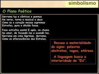 simbolismo
O Plano Poético
Derrama luz e cânticos e poemas
No verso, torna-o musical e doce
Como se o coração nessas supremas
Estrofes, puro e diluído fosse.
Faze estrofes assim! E após, na chama
Do amor, de fecundá-las e acendê-las,
Derrama em cima lágrimas, derrama,
Como as eflorescências das Estrelas.
Busca palavras límpidas e castas,
Novas e raras, de clarões ruidosos,
Dentre as ondas mais pródigas, mais vastas
Dos sentimentos mais maravilhosos.
Enche de estranhas vibrações sonoras
A tua estrofe, majestosamente...
Põe nela todo o incêndio das auroras
Para torná-la emocional e ardente.
Preserva o formalismo e
intelectualismo dos
parnasianos:
• Rima
• Métrica
• Vocabulário Rico,
Nobre, Invulgar.
Derrama luz e cânticos e poemas
No verso, torna-o musical e doce
Como se o coração nessas supremas
Estrofes, puro e diluído fosse.
Faze estrofes assim! E após, na chama
Do amor, de fecundá-las e acendê-las,
Derrama em cima lágrimas, derrama,
Como as eflorescências das Estrelas.
• Recusa a materialidade
do signo: palavras
abstratas, vagas, etéreas.
• A linguagem busca a
interioridade do “EU”.
 