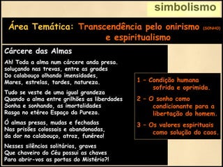 simbolismo
Área Temática: Transcendência pelo onirismo (SONHO)
e espiritualismo
Cárcere das Almas
Ah! Toda a alma num cárcere anda presa.
soluçando nas trevas, entre as grades
Do calabouço olhando imensidades,
Mares, estrelas, tardes, natureza.
Tudo se veste de uma igual grandeza
Quando a alma entre grilhões as liberdades
Sonha e sonhando, as imortalidades
Rasga no etéreo Espaço da Pureza.
Ó almas presas, mudas e fechadas
Nas prisões colossais e abandonadas,
da dor no calabouço, atroz, funéreo!
Nesses silêncios solitários, graves
Que chaveiro do Céu possui as chaves
Para abrir-vos as portas do Mistério?!
1 – Condição humana
sofrida e oprimida.
2 – O sonho como
condicionante para a
libertação do homem.
3 – Os valores espirituais
como solução do caos.
 