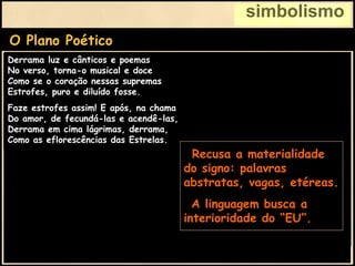 simbolismo
O Plano Poético
Derrama luz e cânticos e poemas
No verso, torna-o musical e doce
Como se o coração nessas supremas
Estrofes, puro e diluído fosse.
Faze estrofes assim! E após, na chama
Do amor, de fecundá-las e acendê-las,
Derrama em cima lágrimas, derrama,
Como as eflorescências das Estrelas.
Busca palavras límpidas e castas,
Novas e raras, de clarões ruidosos,
Dentre as ondas mais pródigas, mais vastas
Dos sentimentos mais maravilhosos.
Enche de estranhas vibrações sonoras
A tua estrofe, majestosamente...
Põe nela todo o incêndio das auroras
Para torná-la emocional e ardente.
Preserva o formalismo e
intelectualismo dos
parnasianos:
• Rima
• Métrica
• Vocabulário Rico,
Nobre, Invulgar.
Derrama luz e cânticos e poemas
No verso, torna-o musical e doce
Como se o coração nessas supremas
Estrofes, puro e diluído fosse.
Faze estrofes assim! E após, na chama
Do amor, de fecundá-las e acendê-las,
Derrama em cima lágrimas, derrama,
Como as eflorescências das Estrelas.
• Recusa a materialidade
do signo: palavras
abstratas, vagas, etéreas.
• A linguagem busca a
interioridade do “EU”.
 