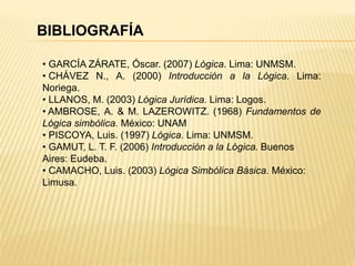 BIBLIOGRAFÍA
• GARCÍA ZÁRATE, Óscar. (2007) Lógica. Lima: UNMSM.
• CHÁVEZ N., A. (2000) Introducción a la Lógica. Lima:
Noriega.
• LLANOS, M. (2003) Lógica Jurídica. Lima: Logos.
• AMBROSE, A. & M. LAZEROWITZ. (1968) Fundamentos de
Lógica simbólica. México: UNAM
• PISCOYA, Luis. (1997) Lógica. Lima: UNMSM.
• GAMUT, L. T. F. (2006) Introducción a la Lógica. Buenos
Aires: Eudeba.
• CAMACHO, Luis. (2003) Lógica Simbólica Básica. México:
Limusa.
 