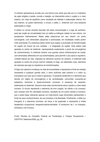O símbolo apresenta-se envolto por uma forma oval verde que trás em si o indicativo
da ação dirigida a saúde, convite a relação, ao intercambio entre o sujeito e o meio
exterior, em vista do equilíbrio como resultado da reflexão e elaboração interna. Em
seu exterior, os quatro elementos: o circulo, o delta, o shekinah com uma serpente
estampada e o fogo.

A esfera ou circulo amarelo dourado (de baixa concentração e o jogo de sombras,
para dar noção de circularidade) traz um delta ou triângulo violeta no seu interior, em
perspectiva tridimensional. Neste delta observa-se em seu interior um ponto
convergente, com dimensões pequenas e acentuadas, em tonalidade violeta porém
mais acentuada. É a presença deste centro que sugere a promoção da transformação
do sujeito em busca de sua verdade – a integração do sujeito. Esta esfera está
apoiada no centro do shekinah, representando exatamente o ponto de convergência
de conhecimentos. A shekinah lembra uma grande coluna tridimensional de cristal,
com dimensões diferentes em sua extremidades, para permitir o seu apoio e equilíbrio,
unidade básica da vida, originada do elemento químico do carbono. A shekinah está
apoiada no centro do circulo marrom rodeada no fogo, em labaredas vivas, elemento
da natureza que age ou impulsiona as transformações.

O fogo nos reporta à mudança na vida da humanidade e representa a fonte de energia
necessária a qualquer grande obra, o amor profundo pelo próximo e o ardor ou
entusiasmo por tudo que é nobre e generoso. A serpente (shekinah) é o elemento que
denota um objeto de convergência e de centralização, comunhão, buscando-se
sabedoria, harmonia e desenvolvimento universal. A presença da serpente,
estampada na shekinah, direciona todo este conhecimento para a saúde e o bem estar
humano. O circulo representa o elemento da livre criação, do infinito e do universo,
sem começo nem fim (atividade humana), resultado de um ponto central (o homem),
que o pode traçar utilizando apenas um instrumento cujas dimensões representam o
limite de seus conhecimentos, da sua iniciativa e da liberdade. Finalmente, o delta (ou
triangulo) é o elemento luminoso, de força e de expansão e representa a tríade
terapêutica ocupacional: terapeuta-cliente-atividade. O acréscimo de I, no triangulo,
simboliza o ser humano.



Fonte: Revista do Conselho Federal de Fisioterapia e Terapia Ocupacional –
COFFITO, Setembro/2002, pg. 35.
 