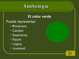 Simbología El color verde Puede representar: P rimavera. Caridad. E speranza. Razón. Lógica. Juventud. 