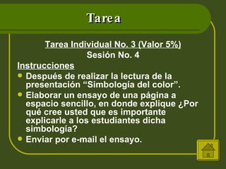 Tarea Tarea Individual No. 3 (Valor 5%) Sesión No. 4 Instrucciones Después de realizar la lectura de la presentación “Simbología del color”. Elaborar un ensayo de una página a espacio sencillo, en donde explique ¿Por qué cree usted que es importante explicarle a los estudiantes dicha simbología? Enviar por e-mail el ensayo. 