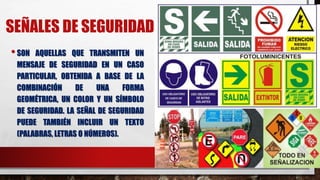 SEÑALES DE SEGURIDAD
•SON AQUELLAS QUE TRANSMITEN UN
MENSAJE DE SEGURIDAD EN UN CASO
PARTICULAR, OBTENIDA A BASE DE LA
COMBINACIÓN DE UNA FORMA
GEOMÉTRICA, UN COLOR Y UN SÍMBOLO
DE SEGURIDAD. LA SEÑAL DE SEGURIDAD
PUEDE TAMBIÉN INCLUIR UN TEXTO
(PALABRAS, LETRAS O NÚMEROS).
 