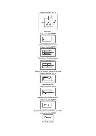 Símbolo Din/ISO/CETOP.




               Presostato.
        Símbolo Din/ISO/CETOP.




       Emisor del detector de paso.
        Símbolo Din/ISO/CETOP.




      Receptor del detector de paso.
        Símbolo Din/ISO/CETOP.




 Detector, lo hace por obturación de fuga.
        Símbolo Din/ISO/CETOP.




            Detector de paso.
        Símbolo Din/ISO/CETOP.




     Detector de proximidad de imán.
        Símbolo Din/ISO/CETOP.




Detector de proximidad eléctrico, con imán.
        Símbolo Din/ISO/CETOP.




            Fuente de presión.
 