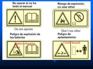 Do not operate
Don’t use ether
Battery charging
area
Crush hazard
 