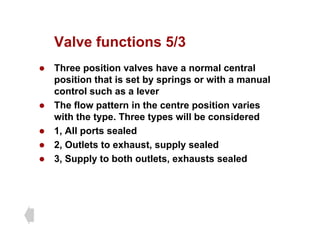Valve functions 5/3
Valve functions 5/3
z Three position valves have a normal central
iti th t i t b i ith l
position that is set by springs or with a manual
control such as a lever
z The flow pattern in the centre position varies
z The flow pattern in the centre position varies
with the type. Three types will be considered
z 1, All ports sealed
z 2, Outlets to exhaust, supply sealed
z 3, Supply to both outlets, exhausts sealed
 