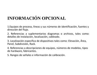 INFORMACIÓN OPCIONAL
1.Equipos de proceso, líneas y sus números de identificación, fuentes y
dirección del flujo.
2. Referencias a suplementarios diagramas o archivos, tales como:
detalles de instalación, localización, cableado.
3. Localización especifica de dispositivos tales como: Elevación, Área,
Panel, Subdivisión, Rack.
4. Referencias a descripciones de equipos, números de modelos, tipos
de hardware, fabricantes.
5. Rangos de señales e información de calibración.
 