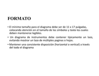 FORMATO
• El mínimo tamaño para el diagrama debe ser de 11 x 17 pulgadas,
colocando atención en el tamaño de los símbolos y texto los cuales
deben mantenerse legibles.
• Un diagrama de instrumentos debe contener típicamente un lazo,
evitando mostrar un lazo de múltiples paginas o hojas.
• Mantener una consistente disposición (horizontal o vertical) a través
del todo el diagrama
 