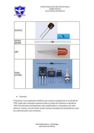 Instituto Educacional São João da Escócia
                                                 Colégio Pelicano
                                           Curso Técnico de Eletrônica




       Transistor

O transistor é um componente eletrônico que começou a popularizar-se na década de
1950, tendo sido o principal responsável pela revolução da eletrônica na década de
1960. São utilizados principalmente como amplificadores e interruptores de sinais
elétricos. O termo vem de transfer resistor (resistor/resistência de transferência), como
era conhecido pelos seus inventores.




                              Eletricidade Básica – Simbologia
                                   João Carlos de Oliveira
 