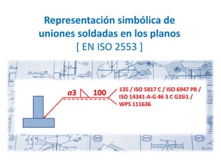 Representación simbólica de
uniones soldadas en los planos
[ EN ISO 2553 ]
a3 100 135 / ISO 5817 C / ISO 6947 PB /
ISO 14341-A-G 46 3 C G3Si1 /
WPS 111636
 