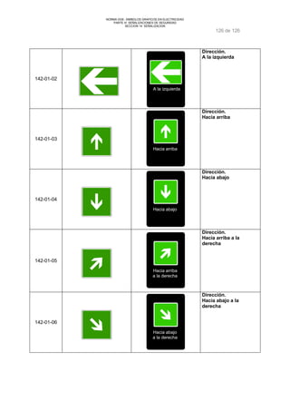 NORMA DGE- SIMBOLOS GRAFICOS EN ELECTRICIDAD 
PARTE III SEÑALIZACIONES DE SEGURIDAD 
SECCION 14 SEÑALIZACION 
126 de 126 
142-01-02 
A la izquierda 
Dirección. 
A la izquierda 
142-01-03 
Hacia arriba 
Dirección. 
Hacia arriba 
142-01-04 
Hacia abajo 
Dirección. 
Hacia abajo 
142-01-05 
Hacia arriba 
a la derecha 
Dirección. 
Hacia arriba a la 
derecha 
142-01-06 
Hacia abajo 
a la derecha 
Dirección. 
Hacia abajo a la 
derecha 
 