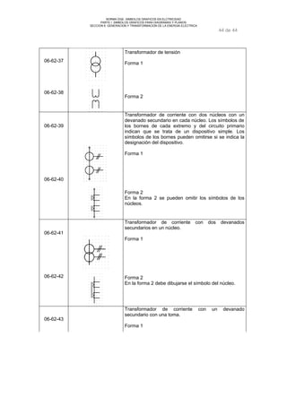 NORMA DGE- SIMBOLOS GRAFICOS EN ELCTRICIDAD 
PARTE I SIMBOLOS GRAFICOS PARA DIAGRAMAS Y PLANOS 
SECCION 6 GENERACION Y TRANSFORMACION DE LA ENERGIA ELECTRICA 
44 de 44 
06-62-37 
06-62-38 
Transformador de tensión 
Forma 1 
Forma 2 
06-62-39 
06-62-40 
Transformador de corriente con dos núcleos con un 
devanado secundario en cada núcleo. Los símbolos de 
los bornes de cada extremo y del circuito primario 
indican que se trata de un dispositivo simple. Los 
símbolos de los bornes pueden omitirse si se indica la 
designación del dispositivo. 
Forma 1 
Forma 2 
En la forma 2 se pueden omitir los símbolos de los 
núcleos. 
06-62-41 
06-62-42 
Transformador de corriente con dos devanados 
secundarios en un núcleo. 
Forma 1 
Forma 2 
En la forma 2 debe dibujarse el símbolo del núcleo. 
06-62-43 
Transformador de corriente con un devanado 
secundario con una toma. 
Forma 1 
 