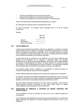 NORMA DGE- SIMBOLOS GRAFICOS EN ELECTRICIDAD 
SECCION 2 INTRODUCCION A LA NORMA DE SIMBOLOS GRAFICOS 
8 de 8 
- El primero (dos dígitos) es el número de la Sección; 
- El segundo (dos dígitos) es el número de la Sub-sección; 
- El tercero (dos dígitos) es el número del símbolo en la Sub-sección. 
Cada uno de estos grupos está separado del siguiente por un guión. 
En cada parte las secciones están numeradas del 01 al 99. 
En cada sub-sección los símbolos están numerados del 01 al 99 de manera 
consecutiva. 
Ejemplo: 
06-61-15 
Sección 
Sub-sección 
Número de símbolo 
024 USO DE SIMBOLOS 
La lista de los elementos de símbolos, símbolos de calificación y símbolos en general 
están completa como es posible, sin embargo, únicamente se proporciona un número 
limitado de ejemplos de símbolos combinados. Si no es posible encontrar el símbolo 
para un dispositivo o diseño en particular en la norma, es posible producirlo al realizar 
una combinación apropiada de los símbolos publicados. 
Las dimensiones de los símbolos que se relacionan con otro podría cambiarse para 
adaptar las circunstancias de un diagrama o aplicación dados, por ejemplo, 
frecuentemente se utilizan dimensiones diferentes de símbolos para transformadores 
de potencia y transformadores de medición. De igual manera, si un símbolo se utiliza 
para calificar a otro, frecuentemente se reduce su tamaño. Las proporciones relativas 
de los símbolos deben mantenerse cuando éstos se reducen o se agrandan. 
Los símbolos pueden girarse o reflejarse si su significado no cambia al hacerlo. La 
orientación presentada en esta norma no es obligatoria. 
Pueden utilizarse diferentes espesores de línea para los símbolos de los conductores. 
Por razones de claridad, los símbolos generalmente se representan con sus líneas de 
conexión. A menos que se señale lo contrario, la disposición presentada es el único 
ejemplo de las formas en que pueden dibujarse las líneas de conexión. 
Se puede añadir información adicional a la mayor parte de símbolos. Esta norma le 
ofrece ejemplos prácticos únicamente en los casos donde existe un método 
recomendado para la presentación de dicha información. 
025 ADAPTACION DE SIMBOLOS A SISTEMAS DE DISEÑO ASISTIDOS POR 
COMPUTADORA 
A fin de facilitar el uso de los símbolos de esta norma con un sistema asistido por 
computadora: 
- Los símbolos han sido diseñados de manera tal que puedan utilizarse en un sistema de 
grillas cuadradas de módulo M. El modulo utilizado en esta norma, 2.5 mm, no es 
obligatorio; 
 