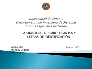LA SIMBOLOGIA, SIMBOLOGIA ISA Y
LETRAS DE IDENTIFICACIÓN
Integrantes:
Anthony Cedeño
José López
Equipo: DCS
 