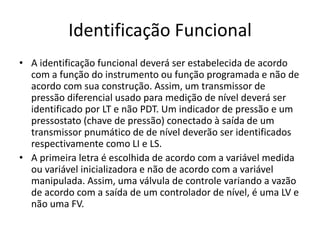 Identificação Funcional
• A identificação funcional deverá ser estabelecida de acordo
com a função do instrumento ou função programada e não de
acordo com sua construção. Assim, um transmissor de
pressão diferencial usado para medição de nível deverá ser
identificado por LT e não PDT. Um indicador de pressão e um
pressostato (chave de pressão) conectado à saída de um
transmissor pnumático de de nível deverão ser identificados
respectivamente como LI e LS.
• A primeira letra é escolhida de acordo com a variável medida
ou variável inicializadora e não de acordo com a variável
manipulada. Assim, uma válvula de controle variando a vazão
de acordo com a saída de um controlador de nível, é uma LV e
não uma FV.
 