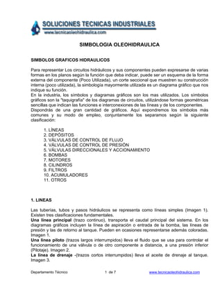 Departamento Técnico 1 de 7 www.tecnicaoleohidraulica.com
SIMBOLOGIA OLEOHIDRAULICA
SIMBOLOS GRAFICOS HIDRAULICOS
Para representar Los circuitos hidráulicos y sus componentes pueden expresarse de varias
formas en los planos según la función que deba indicar, puede ser un esquema de la forma
externa del componente (Poco Utilizada), un corte seccional que muestren su construcción
interna (poco utilizada), la simbología mayormente utilizada es un diagrama gráfico que nos
indique su función.
En la industria, los símbolos y diagramas gráficos son los mas utilizados. Los símbolos
gráficos son la "taquigrafía" de los diagramas de circuitos, utilizándose formas geométricas
sencillas que indican las funciones e interconexiones de las líneas y de los componentes.
Dispondrás de una gran cantidad de gráficos. Aquí expondremos los símbolos más
comunes y su modo de empleo, conjuntamente los separamos según la siguiente
clasificación:
1. LÍNEAS
2. DEPÓSITOS
3. VÁLVULAS DE CONTROL DE FLUJO
4. VÁLVULAS DE CONTROL DE PRESIÓN
5. VÁLVULAS DIRECCIONALES Y ACCIONAMIENTO
6. BOMBAS
7. MOTORES
8. CILINDROS
9. FILTROS
10. ACUMULADORES
11. OTROS
1. LINEAS
Las tuberías, tubos y pasos hidráulicos se representa como líneas simples (Imagen 1).
Existen tres clasificaciones fundamentales.
Una línea principal (trazo continuo), transporta el caudal principal del sistema. En los
diagramas gráficos incluyen la línea de aspiración o entrada de la bomba, las líneas de
presión y las de retorno al tanque. Pueden en ocasiones representarse además coloradas.
Imagen 1.
Una línea piloto (trazos largos interrumpidos) lleva el fluido que se usa para controlar el
funcionamiento de una válvula o de otro componente a distancia, a una presión inferior
(Pilotaje). Imagen 2.
La línea de drenaje -(trazos cortos interrumpidos) lleva el aceite de drenaje al tanque.
Imagen 3.
 