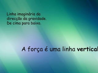 Linha imaginária da direcção da gravidade. De cima para baixo.A força é uma linha vertical