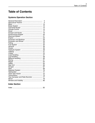3
Table of Contents
Table of Contents
Systems Operation Section
General Information .............................................. 4
Agricultural Tractors .............................................. 4
Basic ..................................................................... 10
Brake System ....................................................... 12
Clamshell Bucket .................................................. 14
Climate Control ..................................................... 15
Dozer .................................................................... 17
Dumper and Hauler .............................................. 19
Earthmoving Grapple ............................................ 20
Electrical System ................................................. 21
Engine ................................................................... 23
Excavator and Backhoe ........................................ 29
Excavator and Shovel ........................................... 33
Felling ................................................................... 33
Fuel System ......................................................... 34
General ................................................................. 36
Grader ................................................................... 46
Hydraulic System ................................................. 48
Lighting ................................................................. 51
Loader ................................................................... 53
Load Handling ....................................................... 57
Log Handling ......................................................... 58
Material Handling .................................................. 60
Paving ................................................................... 61
Ripper ................................................................... 64
Safety .................................................................... 64
Saw Unit ............................................................... 66
Scraper ................................................................. 67
Seat ...................................................................... 68
Stabilizer System .................................................. 70
Telehandler ........................................................... 71
Track Type Tractor ................................................. 72
Transmission ........................................................ 73
Tree Harvester and Feller Buncher ....................... 77
Winch .................................................................... 78
Window and Visibility ............................................ 80
Index Section
Index ..................................................................... 82
 