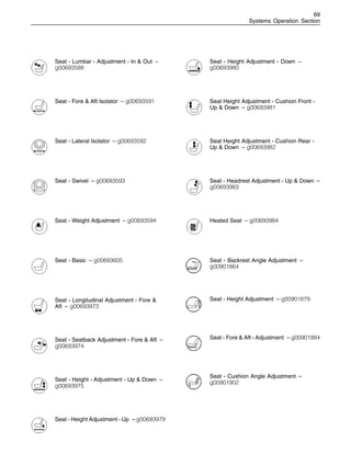 69
Systems Operation Section
Seat - Lumbar - Adjustment - In & Out –
g00693588
Seat - Fore & Aft Isolator – g00693591
Seat - Lateral Isolator – g00693592
Seat - Swivel – g00693593
Seat - Weight Adjustment – g00693594
Seat - Basic – g00693605
Seat - Longitudinal Adjustment - Fore &
Aft – g00693973
Seat - Seatback Adjustment - Fore & Aft –
g00693974
Seat - Height - Adjustment - Up & Down –
g00693975
Seat - Height Adjustment - Up – g00693979
Seat - Height Adjustment - Down –
g00693980
Seat Height Adjustment - Cushion Front -
Up & Down – g00693981
Seat Height Adjustment - Cushion Rear -
Up & Down – g00693982
Seat - Headrest Adjustment - Up & Down –
g00693983
Heated Seat – g00693984
Seat - Backrest Angle Adjustment –
g00901864
Seat - Height Adjustment – g00901879
Seat - Fore & Aft - Adjustment – g00901884
Seat - Cushion Angle Adjustment –
g00901902
 