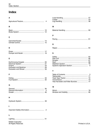 82
Index Section
Index
A
Agricultural Tractors............................................... 4
B
Basic...................................................................... 10
Brake System ........................................................ 12
C
Clamshell Bucket................................................... 14
Climate Control...................................................... 15
D
Dozer..................................................................... 17
Dumper and Hauler ............................................... 19
E
Earthmoving Grapple ............................................ 20
Electrical System................................................... 21
Engine ................................................................... 23
Excavator and Backhoe......................................... 29
Excavator and Shovel............................................ 33
F
Felling.................................................................... 33
Fuel System........................................................... 34
G
General.................................................................. 36
General Information............................................... 4
Grader ................................................................... 46
H
Hydraulic System................................................... 48
I
Important Safety Information ................................. 2
L
Lighting.................................................................. 51
Load Handling ....................................................... 57
Loader ................................................................... 53
Log Handling ......................................................... 58
M
Material Handling .................................................. 60
P
Paving.................................................................... 61
R
Ripper.................................................................... 64
S
Safety .................................................................... 64
Saw Unit ................................................................ 66
Scraper.................................................................. 67
Seat ....................................................................... 68
Stabilizer System................................................... 70
Systems Operation Section................................... 4
T
Table of Contents................................................... 3
Telehandler............................................................ 71
Track Type Tractor.................................................. 72
Transmission.......................................................... 73
Tree Harvester and Feller Buncher........................ 77
W
Winch..................................................................... 78
Window and Visibility............................................. 80
©2002 Caterpillar
All Rights Reserved Printed in U.S.A.
 