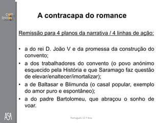 A contracapa do romance
Remissão para 4 planos da narrativa / 4 linhas de ação:
• a do rei D. João V e da promessa da construção do
convento;
• a dos trabalhadores do convento (o povo anónimo
esquecido pela História e que Saramago faz questão
de elevar/enaltecer/imortalizar);
• a de Baltasar e Blimunda (o casal popular, exemplo
do amor puro e espontâneo);
• a do padre Bartolomeu, que abraçou o sonho de
voar.
Português 12.º Ano
 