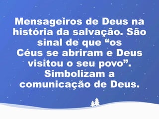 Mensageiros de Deus na 
história da salvação. São 
sinal de que “os 
Céus se abriram e Deus 
visitou o seu povo”. 
Simbolizam a 
comunicação de Deus. 
 