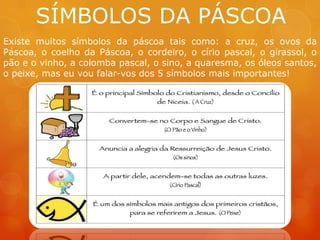 SÍMBOLOS DA PÁSCOA
Existe muitos símbolos da páscoa tais como: a cruz, os ovos da
Páscoa, o coelho da Páscoa, o cordeiro, o círio pascal, o girassol, o
pão e o vinho, a colomba pascal, o sino, a quaresma, os óleos santos,
o peixe, mas eu vou falar-vos dos 5 símbolos mais importantes!
 