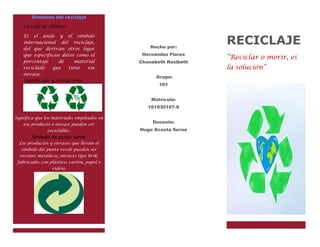 Simbolos del reciclaje
Círculo de Möbius
Es el anilo y el símbolo
internacional del reciclaje,
del que derivan otros logos
que especifican datos como el
porcentaje de material
reciclado que tiene ese
envase.
Significado y variaciones
Significa que los materiales empleados en
ese producto o envase pueden ser
reciclables.
Símbolo de punto verde
Los productos y envases que llevan el
símbolo del punto verde pueden ser
envases metálicos, envases tipo Brik,
fabricados con plástico, cartón, papel o
vidrio.
Hecho por:
Hernández Flores
Chanabeth Rozibeth
Grupo:
101
Matrícula:
161930107-8
Docente:
Hugo Acosta Serna
RECICLAJE
“Reciclar o morir, es
la solución”
 