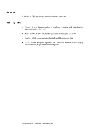 Anexos

               A referência [2] é apresentada como anexo a esta instrução.


Bibliografia

               •   Control System Documentation – Applying Symbols and Identification,
                   Raymond Mulley, ISA, 1993

               •   ABNT 03.004, NBR 8190, Simbologia de Instrumentação, Out/1983

               •   ISA-S5.1-1984, Instrumentation Symbols and Identification, ISA

               •   ISA-S5.3-1983, Graphics Symbols for Distributed Control/Shared Display
                   Instrumentation, Logic and Computer Systems.




               Instrumentação: Símbolos e identificação                               15
 