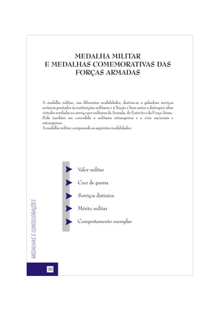 MEDALHA MILITAR
E MEDALHAS COMEMORATIVAS DAS
FORÇAS ARMADAS

A medalha militar, nas diferentes modalidades, destina-se a galardoar serviços
notáveis prestados às instituições militares e à Nação e bem assim a distinguir altas
virtudes reveladas no serviço por militares da Armada, do Exército e da Força Aérea.
Pode também ser concedida a militares estrangeiros e a civis nacionais e
estrangeiros.
A medalha militar compreende as seguintes modalidades:

Valor militar
Cruz de guerra

Medalhas e condecorações

Serviços distintos
Mérito militar
Comportamento exemplar

30

 