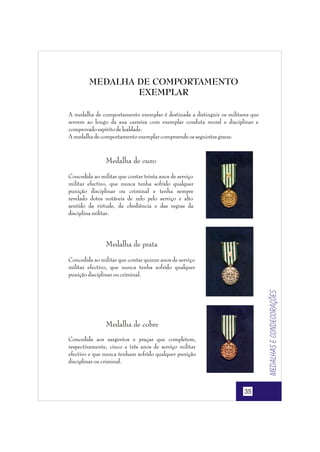 MEDALHA DE COMPORTAMENTO
EXEMPLAR
A medalha de comportamento exemplar é destinada a distinguir os militares que
servem ao longo da sua carreira com exemplar conduta moral e disciplinar e
comprovado espírito de lealdade.
A medalha de comportamento exemplar compreende os seguintes graus:

Medalha de ouro
Concedida ao militar que contar trinta anos de serviço
militar efectivo, que nunca tenha sofrido qualquer
punição disciplinar ou criminal e tenha sempre
revelado dotes notáveis de zelo pelo serviço e alto
sentido da virtude, da obediência e das regras da
disciplina militar.

Medalha de prata

Medalhas e condecorações

Concedida ao militar que contar quinze anos de serviço
militar efectivo, que nunca tenha sofrido qualquer
punição disciplinar ou criminal.

Medalha de cobre
Concedida aos sargentos e praças que completem,
respectivamente, cinco e três anos de serviço militar
efectivo e que nunca tenham sofrido qualquer punição
disciplinar ou criminal.

35

 