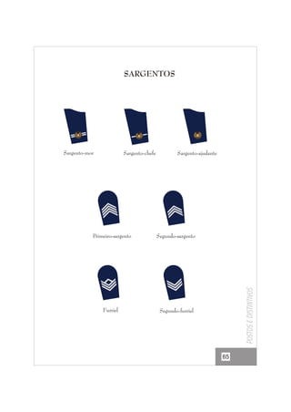 SARGENTOS

Sargento-mor

Sargento-chefe

Sargento-ajudante

Segundo-sargento

Furriel

Segundo-furriel

Postos e distintivos

Primeiro-sargento

65

 