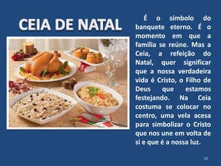 É o símbolo do
banquete eterno. É o
momento em que a
família se reúne. Mas a
Ceia, a refeição do
Natal, quer significar
que a nossa verdadeira
vida é Cristo, o Filho de
Deus que estamos
festejando. Na Ceia
costuma se colocar no
centro, uma vela acesa
para simbolizar o Cristo
que nos une em volta de
si e que é a nossa luz.
12
 