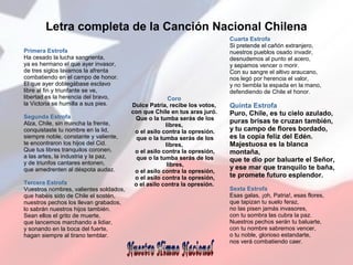 Letra completa de la Canción Nacional Chilena
Primera Estrofa
Ha cesado la lucha sangrienta,
ya es hermano el que ayer invasor,
de tres siglos lavamos la afrenta
combatiendo en el campo de honor.
El que ayer doblegábase esclavo
libre al fin y triunfante se ve,
libertad es la herencia del bravo,
la Victoria se humilla a sus pies.
Segunda Estrofa
Alza, Chile, sin mancha la frente,
conquistaste tu nombre en la lid,
siempre noble, constante y valiente,
te encontraron los hijos del Cid.
Que tus libres tranquilos coronen,
a las artes, la industria y la paz,
y de triunfos cantares entonen,
que amedrenten al déspota audaz.
Tercera Estrofa
Vuestros nombres, valientes soldados,
que habéis sido de Chile el sostén,
nuestros pechos los llevan grabados,
lo sabrán nuestros hijos también.
Sean ellos el grito de muerte,
que lancemos marchando a lidiar,
y sonando en la boca del fuerte,
hagan siempre al tirano temblar.
Cuarta Estrofa
Si pretende el cañón extranjero,
nuestros pueblos osado invadir,
desnudemos al punto el acero,
y sepamos vencer o morir.
Con su sangre el altivo araucano,
nos legó por herencia el valor,
y no tiembla la espada en la mano,
defendiendo de Chile el honor.
Quinta Estrofa
Puro, Chile, es tu cielo azulado,
puras brisas te cruzan también,
y tu campo de flores bordado,
es la copia feliz del Edén.
Majestuosa es la blanca
montaña,
que te dio por baluarte el Señor,
y ese mar que tranquilo te baña,
te promete futuro esplendor.
Sexta Estrofa
Esas galas, ¡oh, Patria!, esas flores,
que tapizan tu suelo feraz,
no las pisen jamás invasores,
con tu sombra las cubra la paz.
Nuestros pechos serán tu baluarte,
con tu nombre sabremos vencer,
o tu noble, glorioso estandarte,
nos verá combatiendo caer.
Coro
Dulce Patria, recibe los votos,
con que Chile en tus aras juró.
Que o la tumba serás de los
libres,
o el asilo contra la opresión.
que o la tumba serás de los
libres,
o el asilo contra la opresión,
que o la tumba serás de los
libres,
o el asilo contra la opresión,
o el asilo contra la opresión,
o el asilo contra la opresión.
 
