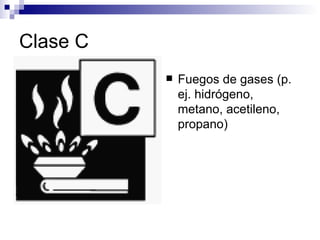 Clase C Fuegos de gases (p. ej. hidrógeno, metano, acetileno, propano)  