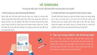 VỀ SIMBOMA
Chuyển đổi khách hàng truy cập làm khách hàng mua hàng, đăng
ký tư vấn, sử dụng dịch vụ là bước thứ hai để xây dựng một
thương hiệu trực tuyến thành công. Đây là lần đầu tiên khách
hàng trải nghiệm sản phẩm, dịch vụ. Chúng tôi tạo ra những trải
nghiệm, kịch bản làm tăng tỷ lệ khách hàng chuyển đổi
Bước đầu tiên để phát triển thương hiệu trực tuyến là hướng dẫn
khách hàng tiềm năng đến trang web hoặc ứng dụng trên thiết bị di
động của bạn. Có trải nghiệm thân thiện với khách hàng là một phần
quan trọng của bất kỳ chiến lược kinh doanh thành công nào. Và để
làm điều đó, bước đầu tiên cần tạo ra lượng truy cập phù hợp để có tỷ
lệ chuyển đổi mạnh.
3. Tạo sự trung thành với thương hiệu
Bước 3 và bước cuối cùng trong việc phát triển thương hiệu
online thành công là tiếp tục thu hút khách truy cập và tiếp tục
chuyển đổi sử dụng, mua sản phẩm, dịch vụ.Tạo lưu lượng truy
cập chất lượng ổn định là một yếu tố quan trọng trong việc xây
dựng mối quan hệ đáng tin cậy với khách hàng.
Chúng tôi tiếp cận 3 bước để phát triển thương hiệu trựctuyến
1. Điều hướng truy cập chất lượng đến Website 2. Chuyển đổi khách truy cập thành khách hàng sử dụng
 